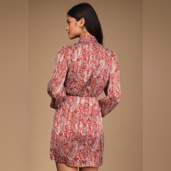 Lulus small rust red paisley mini dress mock neck balloon sleeve wrap skirt - Picture 2 of 14